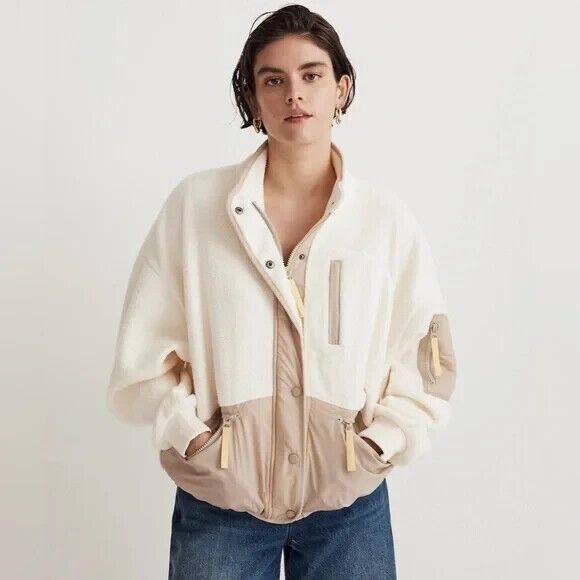 Madewell Small Resourced Sherpa Snap Front Jacket Antique Cream Colorblock NWT - Picture 1 of 15